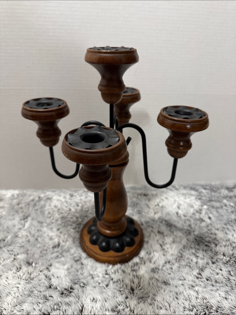 Vintage 5 Arm Candelabra Turned Wood Base Metal Scroll Arms Mid Century 1960’s